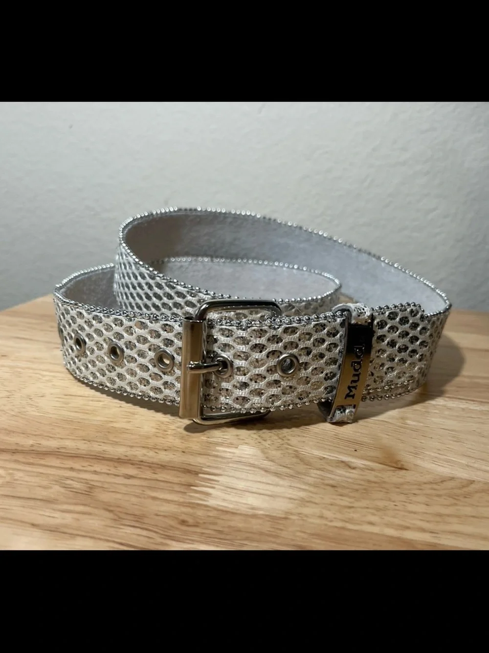 Y2K Mudd White Leather Bling Belt Glitter Zipper Edge Women’s XL